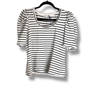 English Factory Black Stripe Pleated Puff Sleeve Top Size Large